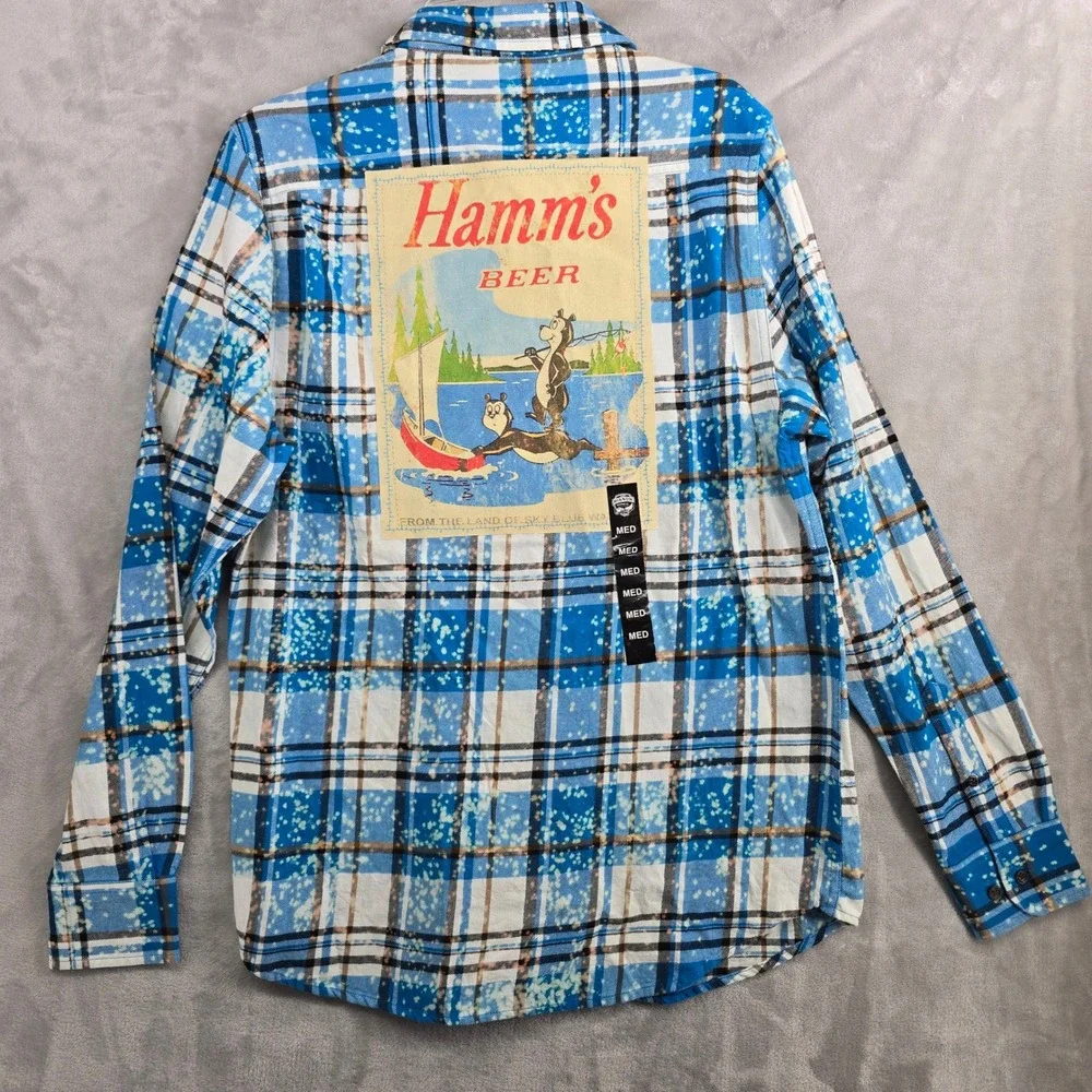 Angry Minnow Clothing Co Mens medium Long Sleeve Plaid Flannel Shirt Hamm's Beer